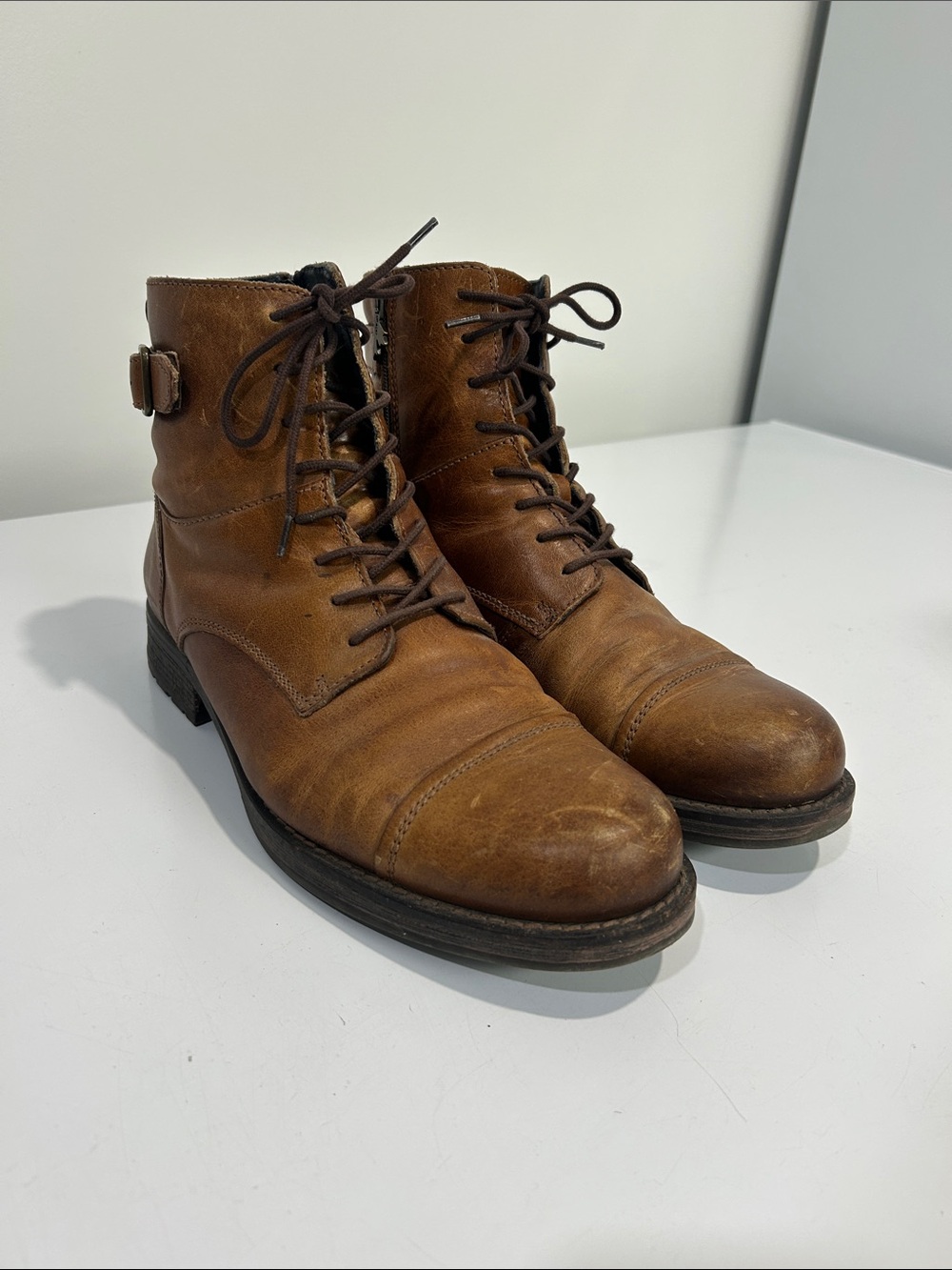 Pajar Brown Leather Lace-Up Ankle Boots with Buckle